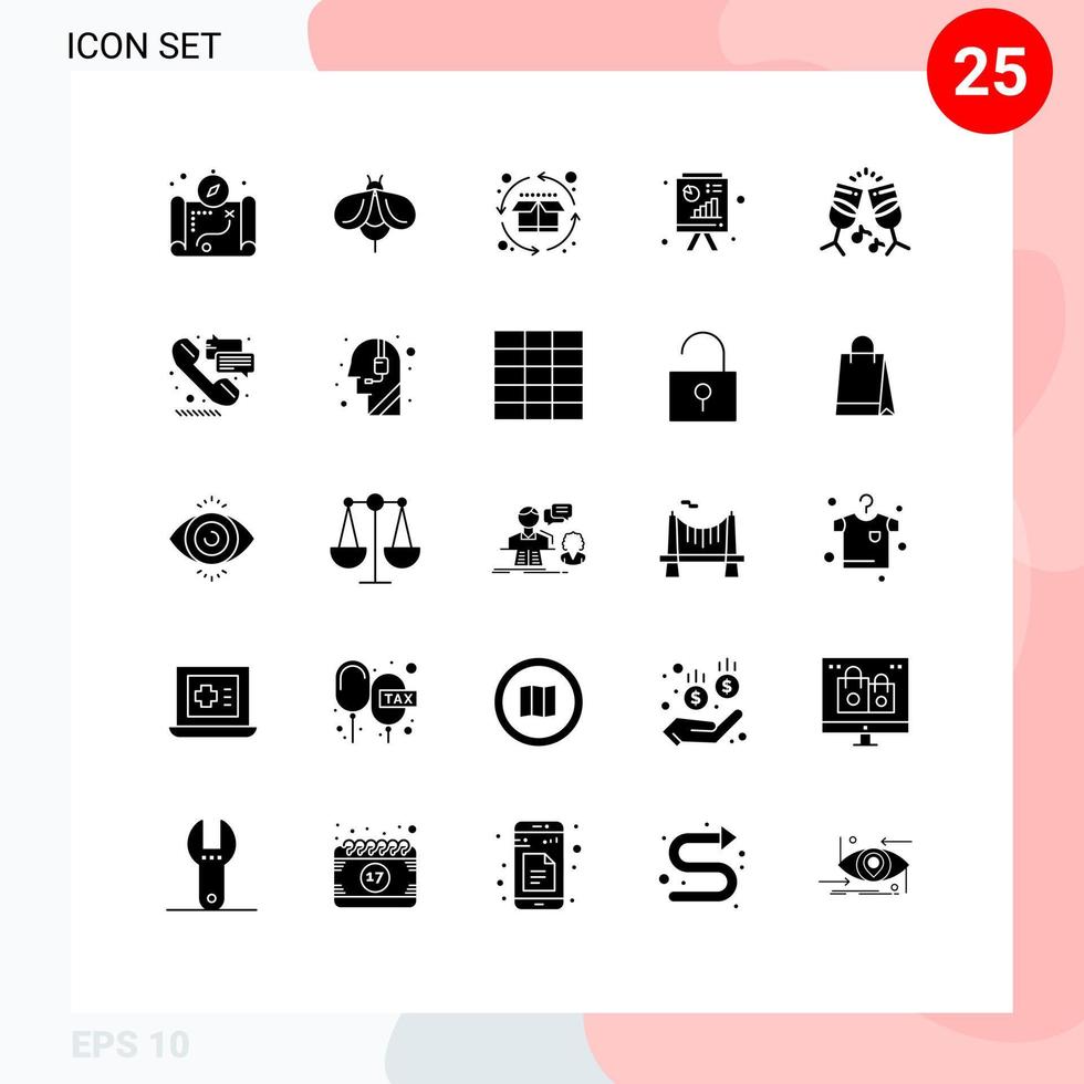 Group of 25 Solid Glyphs Signs and Symbols for music glass life cycle business report blackboard Editable Vector Design Elements