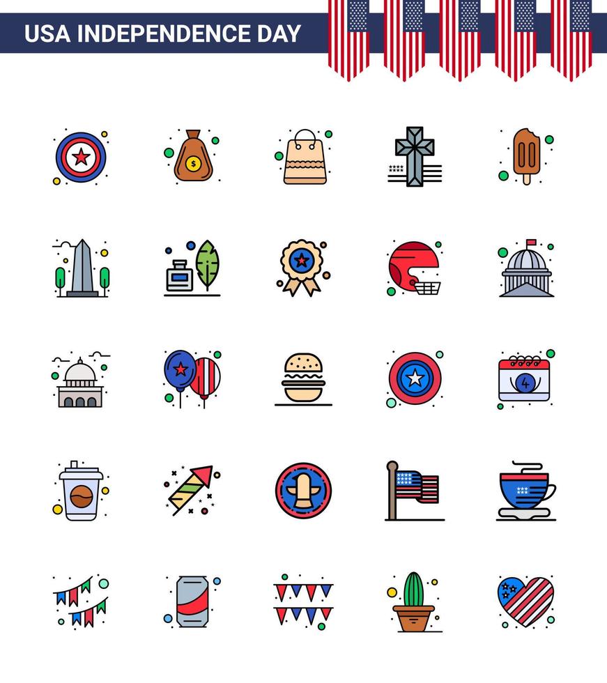 usa feliz día de la independencia pictograma conjunto de 25 líneas planas simples llenas de hito paleta dinero helado cruz editable usa día elementos de diseño vectorial vector