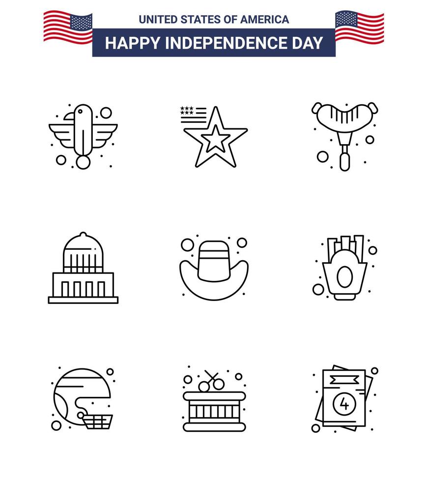 USA Independence Day Line Set of 9 USA Pictograms of cap usa usa landmark building Editable USA Day Vector Design Elements