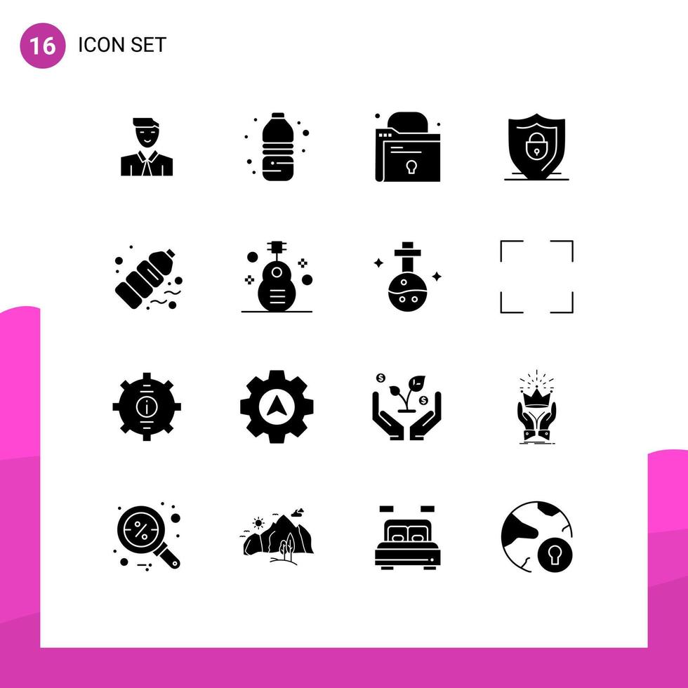 16 User Interface Solid Glyph Pack of modern Signs and Symbols of gas security drink lock internet Editable Vector Design Elements