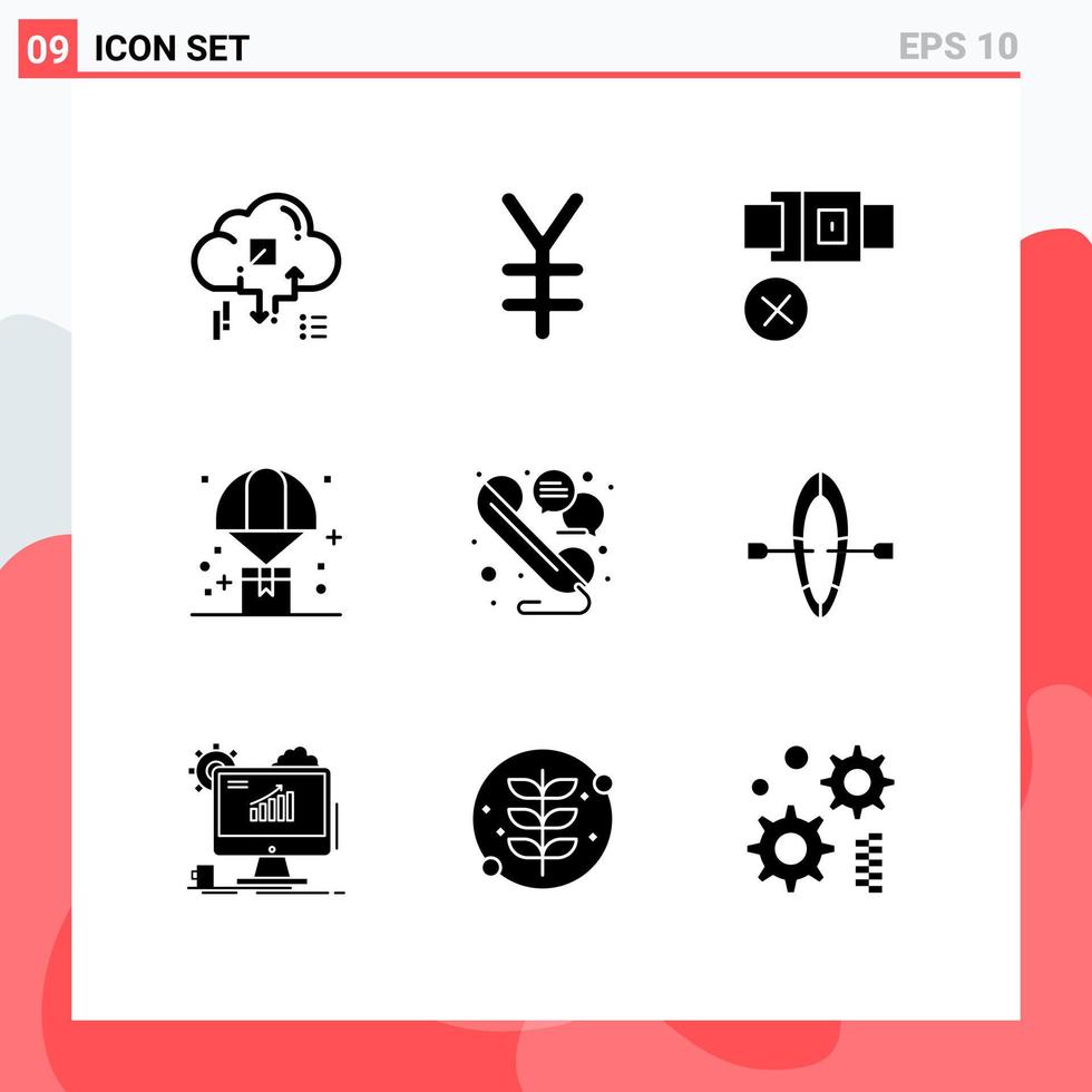 9 Universal Solid Glyphs Set for Web and Mobile Applications chat parachute belt logistic balloon Editable Vector Design Elements
