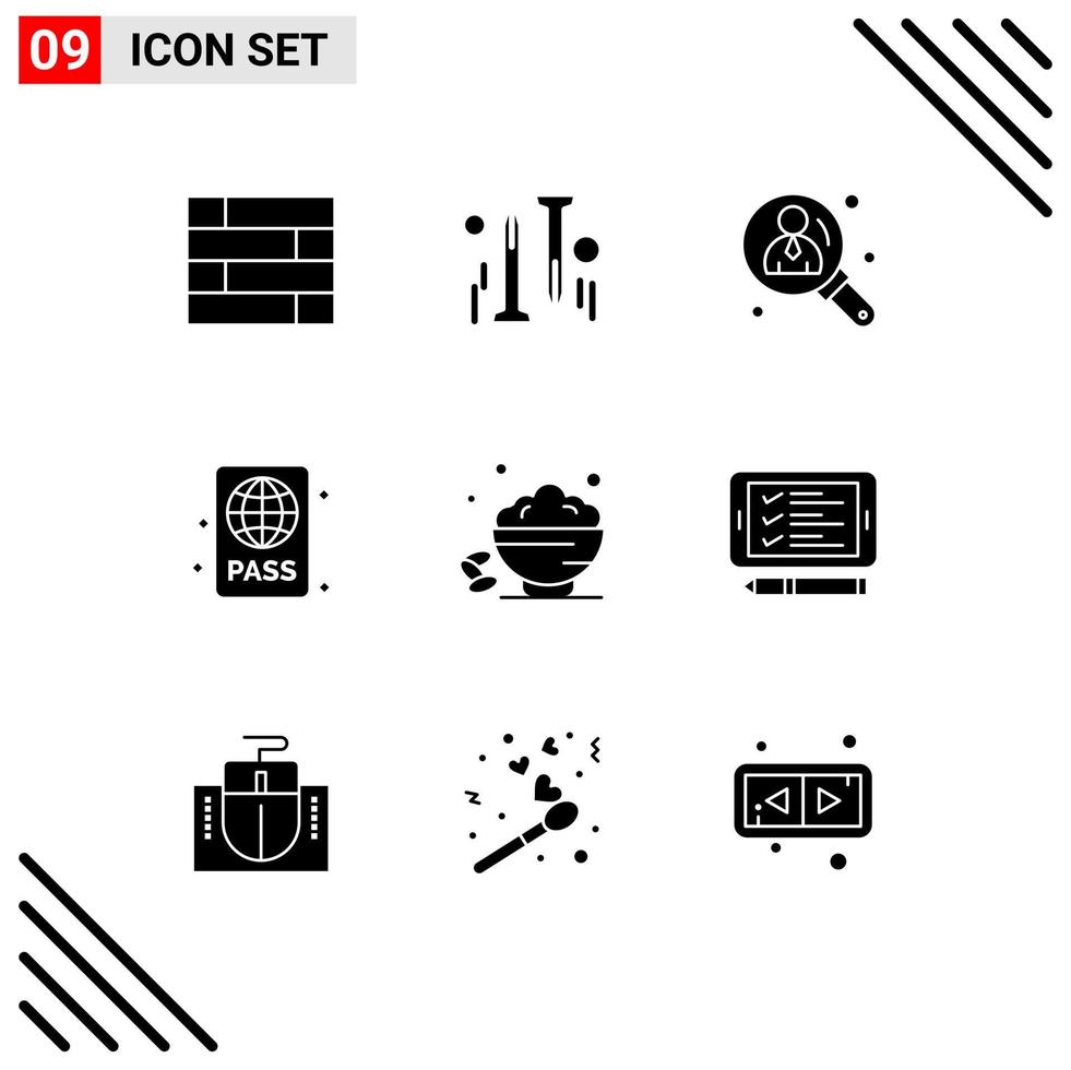Pictogram Set of 9 Simple Solid Glyphs of sweet dish user summer diving pass Editable Vector Design Elements