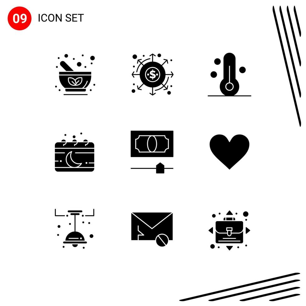 Solid Glyph Pack of 9 Universal Symbols of month chinese money calendar thermometer Editable Vector Design Elements