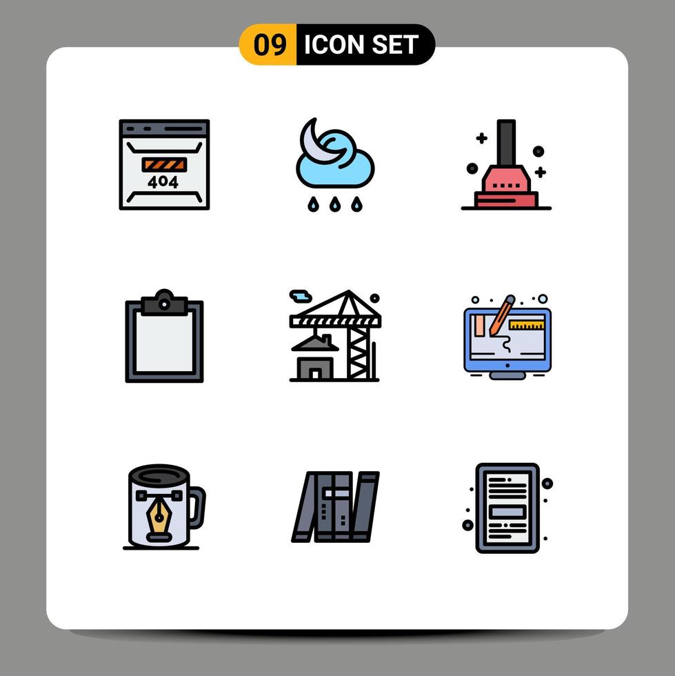 Group of 9 Modern Filledline Flat Colors Set for estate crane weather task buffer Editable Vector Design Elements