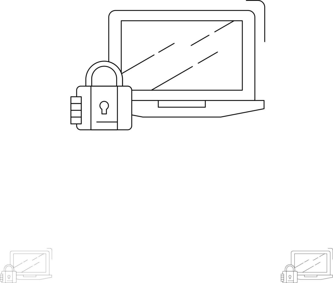 candado de computadora bloqueo de seguridad inicio de sesión negrita y delgada línea negra conjunto de iconos vector