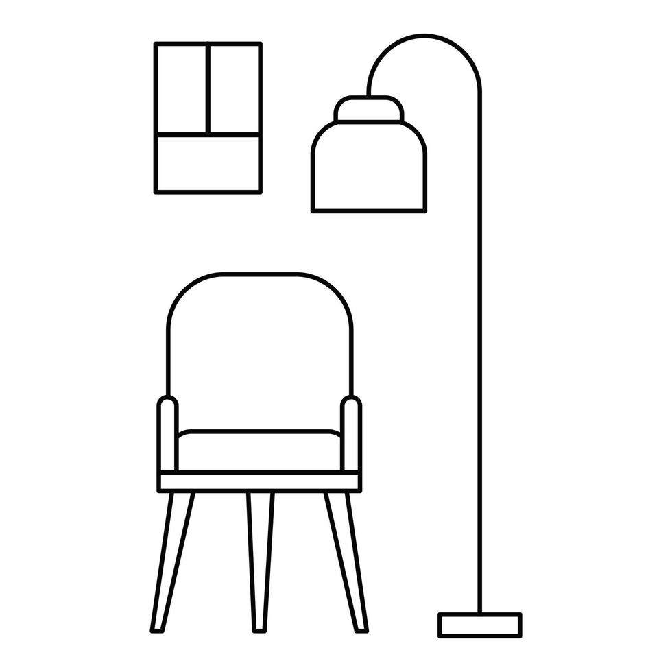 icono de silla y lámpara de habitación, estilo de esquema vector