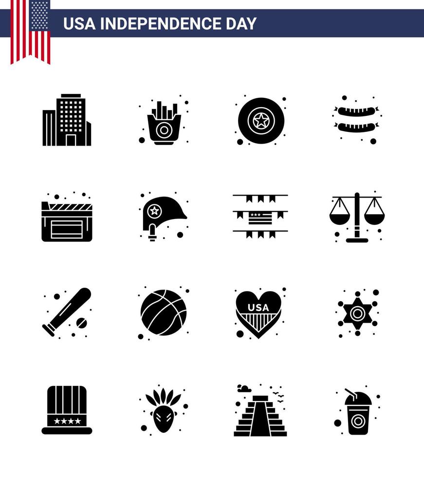 grupo de 16 glifos sólidos establecidos para el día de la independencia de los estados unidos de américa, como películas de casco, películas militares, salchichas, elementos de diseño vectorial del día de estados unidos editables vector