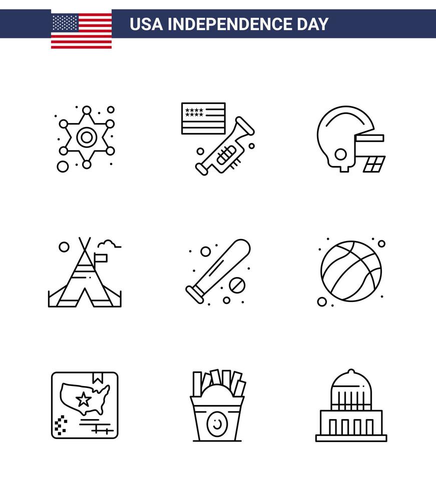 9 iconos creativos de estados unidos signos de independencia modernos y símbolos del 4 de julio de bola de murciélago carpa americana elementos de diseño vectorial editables del día de estados unidos vector