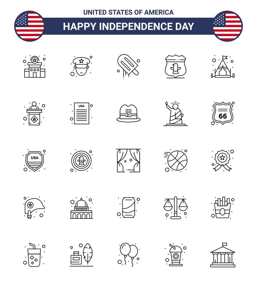 Set of 25 Vector Lines on 4th July USA Independence Day such as tent camp cream security usa Editable USA Day Vector Design Elements