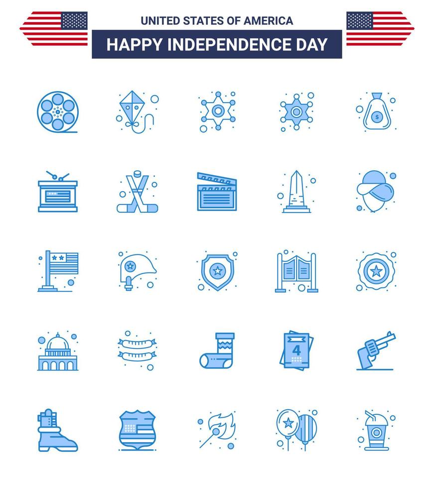 paquete de 25 creativos relacionados con el día de la independencia de estados unidos blues of independent tambor policía dinero en efectivo elementos editables de diseño de vectores del día de estados unidos