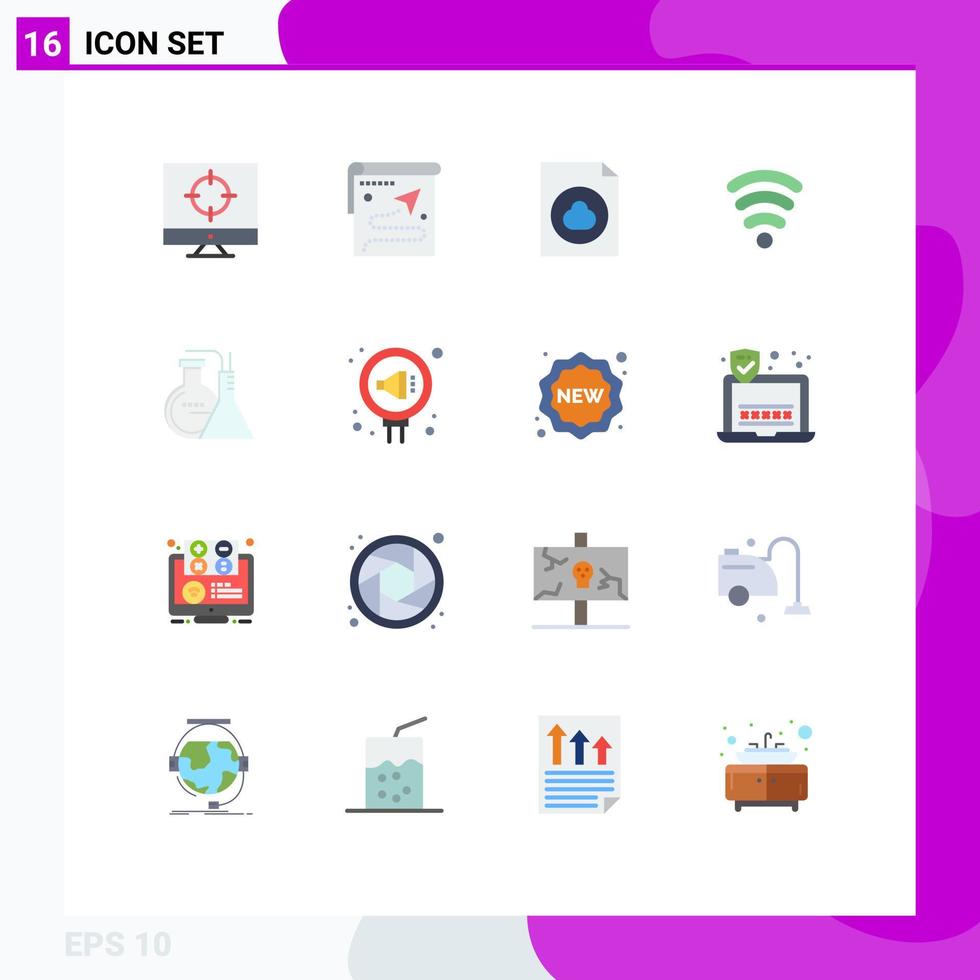 Pack of 16 creative Flat Colors of lab chemicals position signal wifi Editable Pack of Creative Vector Design Elements