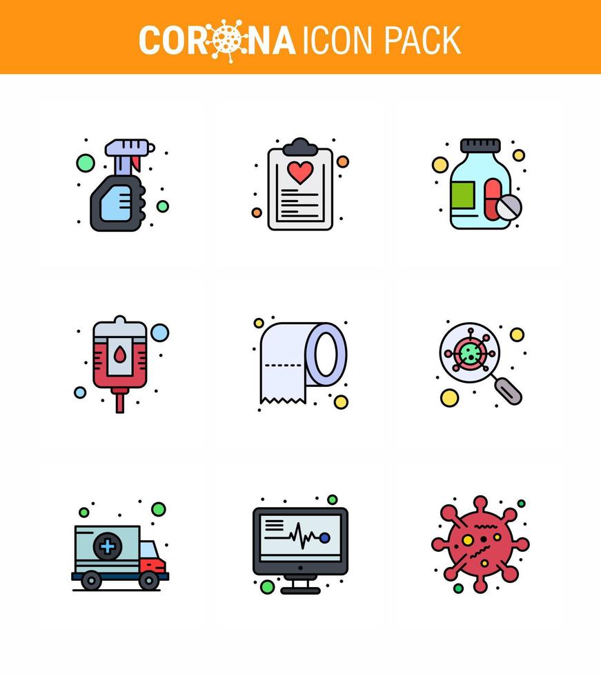 9 línea llena color plano corona virus pandemia vector ilustraciones lista de paquetes de papel píldoras de botella coronavirus viral 2019nov enfermedad vector elementos de diseño