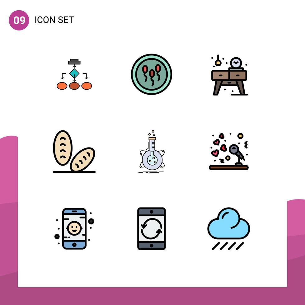 Modern Set of 9 Filledline Flat Colors and symbols such as bread watch biology table home Editable Vector Design Elements