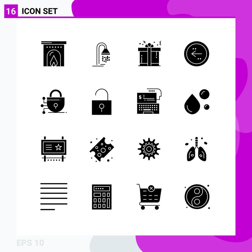 Editable Vector Line Pack of 16 Simple Solid Glyphs of lock left box direction back Editable Vector Design Elements