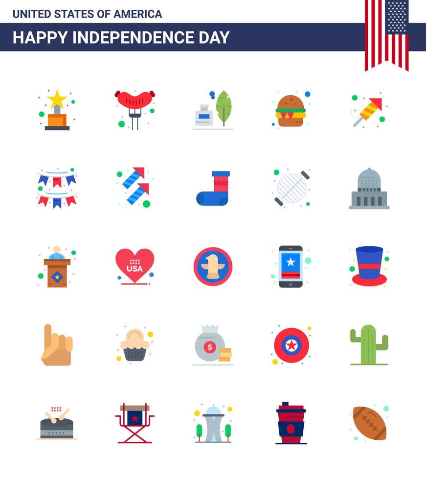 Happy Independence Day 4th July Set of 25 Flats American Pictograph of day religion ink bottle fire work food Editable USA Day Vector Design Elements