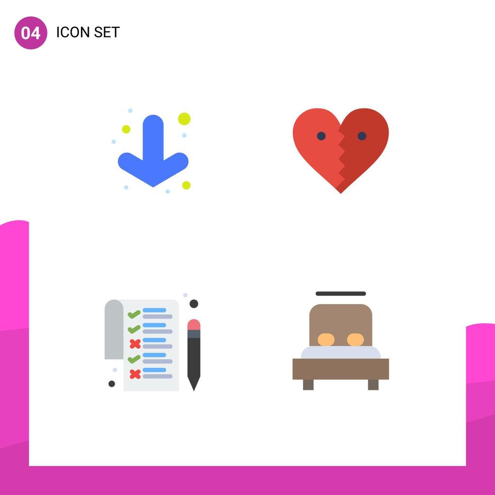 Pack of 4 Modern Flat Icons Signs and Symbols for Web Print Media such as arrow paper heart break bed Editable Vector Design Elements