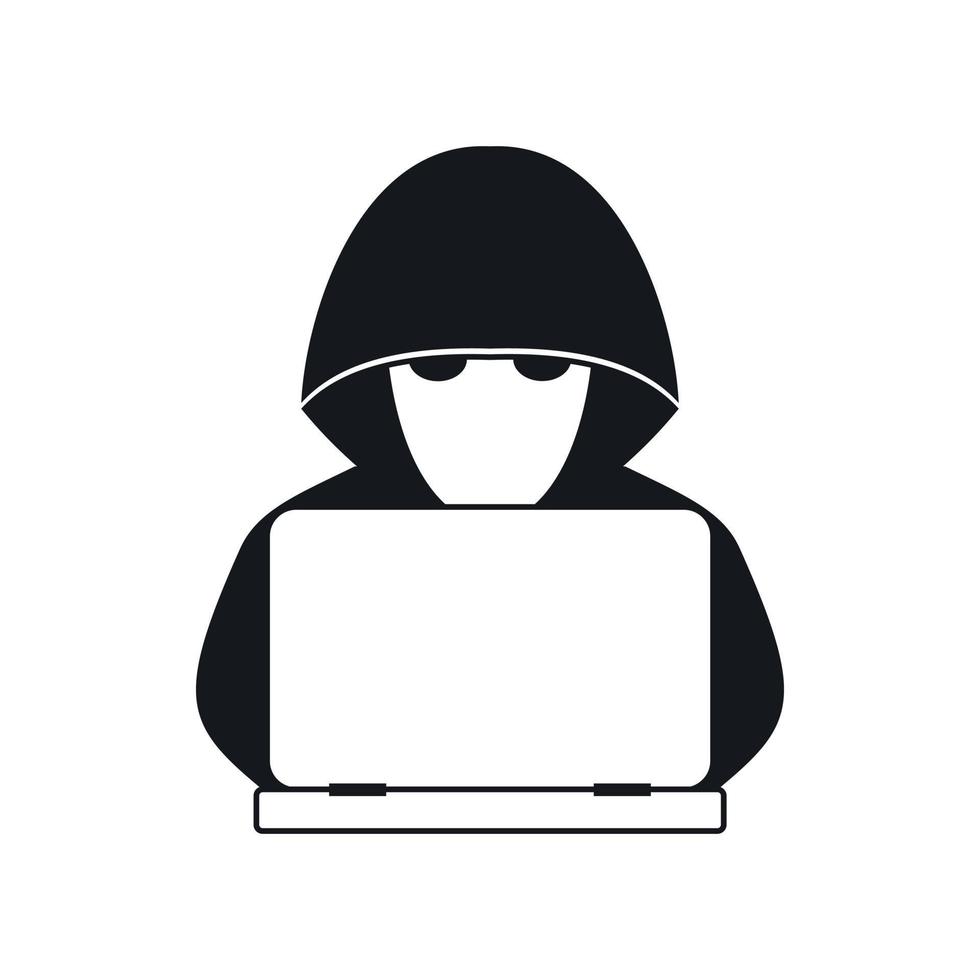 Computer hacker with laptop icon, simple style vector