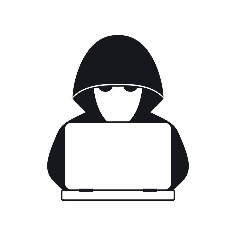 Computer hacker with laptop icon, simple style vector