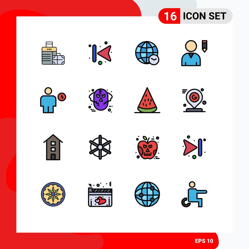 Pack of 16 creative Flat Color Filled Lines of electricity avatar globe user edit Editable Creative Vector Design Elements