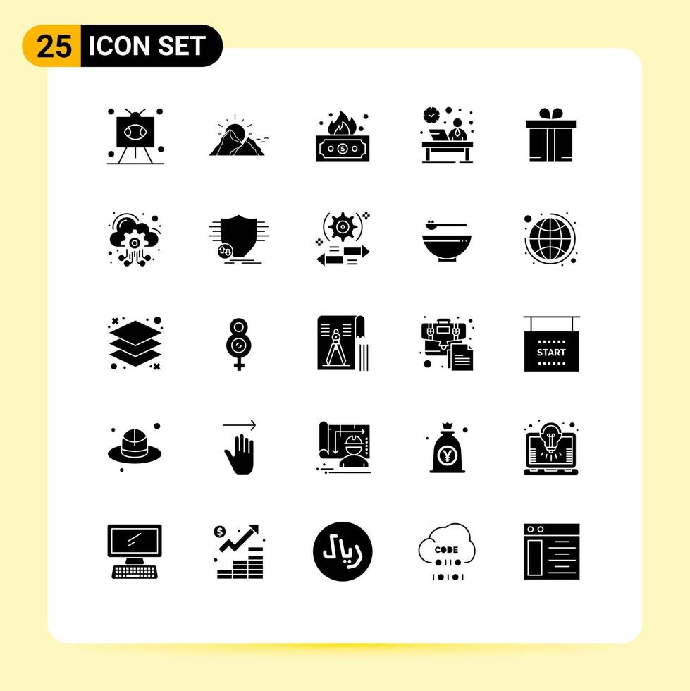 Set of 25 Commercial Solid Glyphs pack for hour front mountain desk income Editable Vector Design Elements