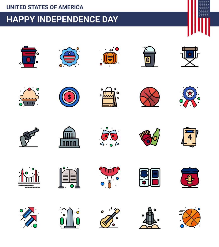 Modern Set of 25 Flat Filled Lines and symbols on USA Independence Day such as movies chair american states american Editable USA Day Vector Design Elements