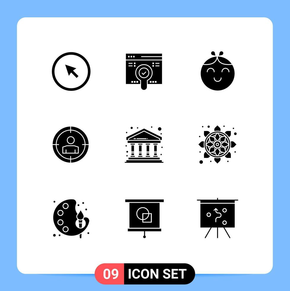 Mobile Interface Solid Glyph Set of 9 Pictograms of finance bank pack audience targeting focus Editable Vector Design Elements
