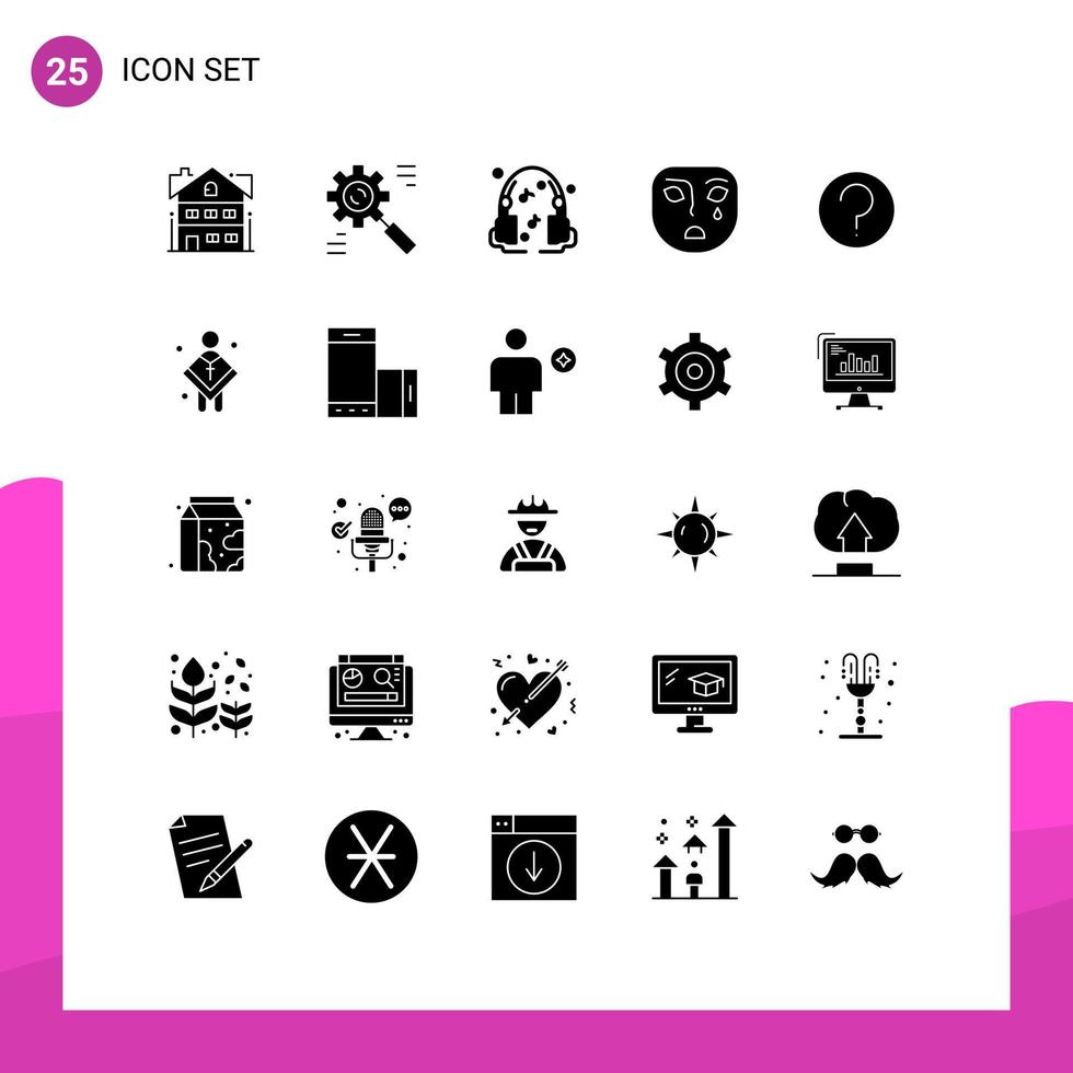 Set of 25 Modern UI Icons Symbols Signs for help sad process mask emotion Editable Vector Design Elements