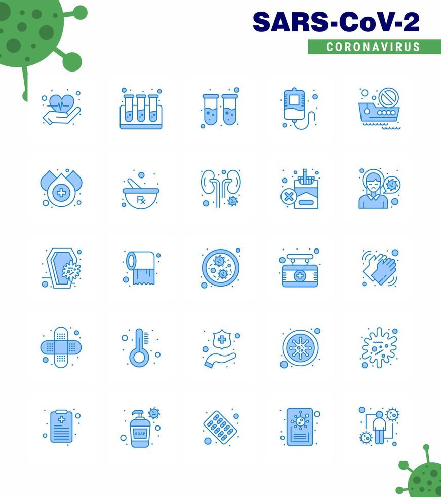 Covid19 icon set for infographic 25 Blue pack such as blood ship test tube cruise donation viral coronavirus 2019nov disease Vector Design Elements