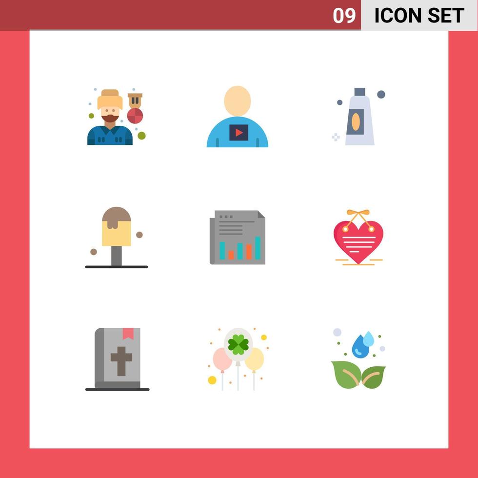 Modern Set of 9 Flat Colors Pictograph of business summer video ice cream beach Editable Vector Design Elements