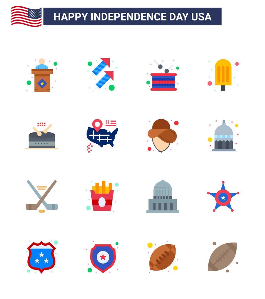 Happy Independence Day 4th July Set of 16 Flats American Pictograph of instrument ice cream day food independence Editable USA Day Vector Design Elements