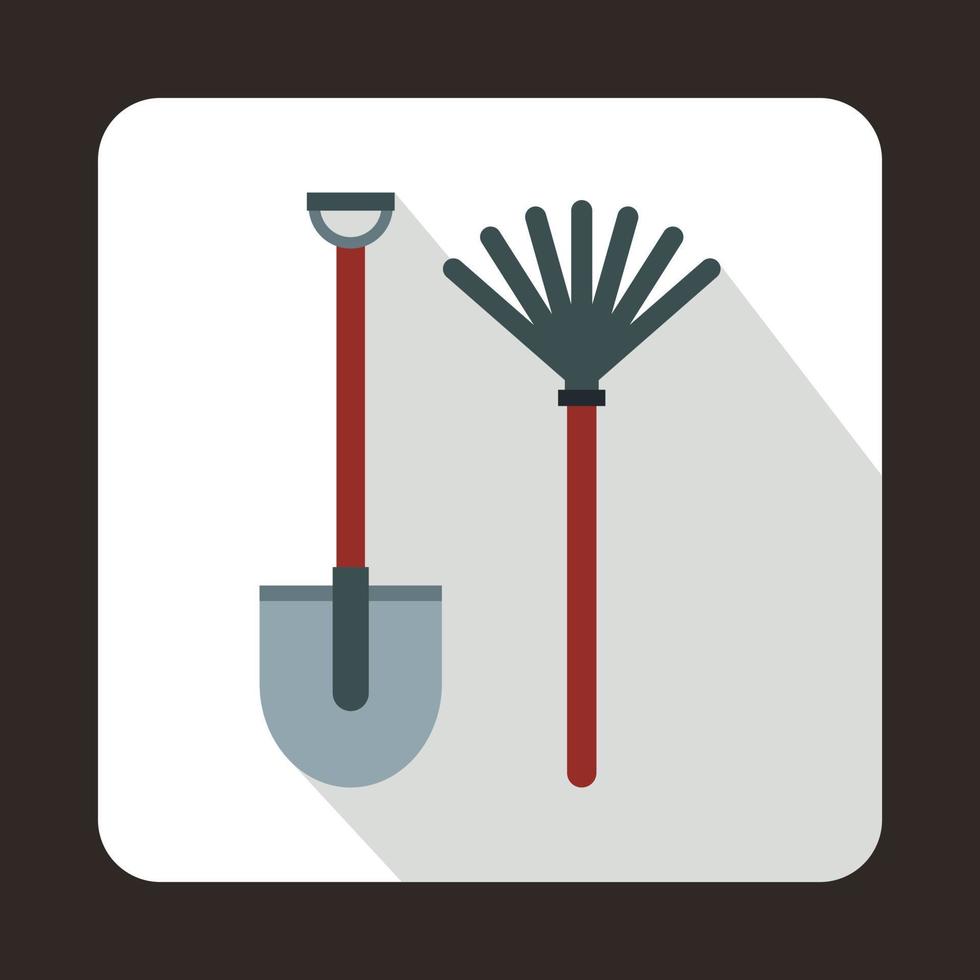 Rake and shovel icon, flat style vector