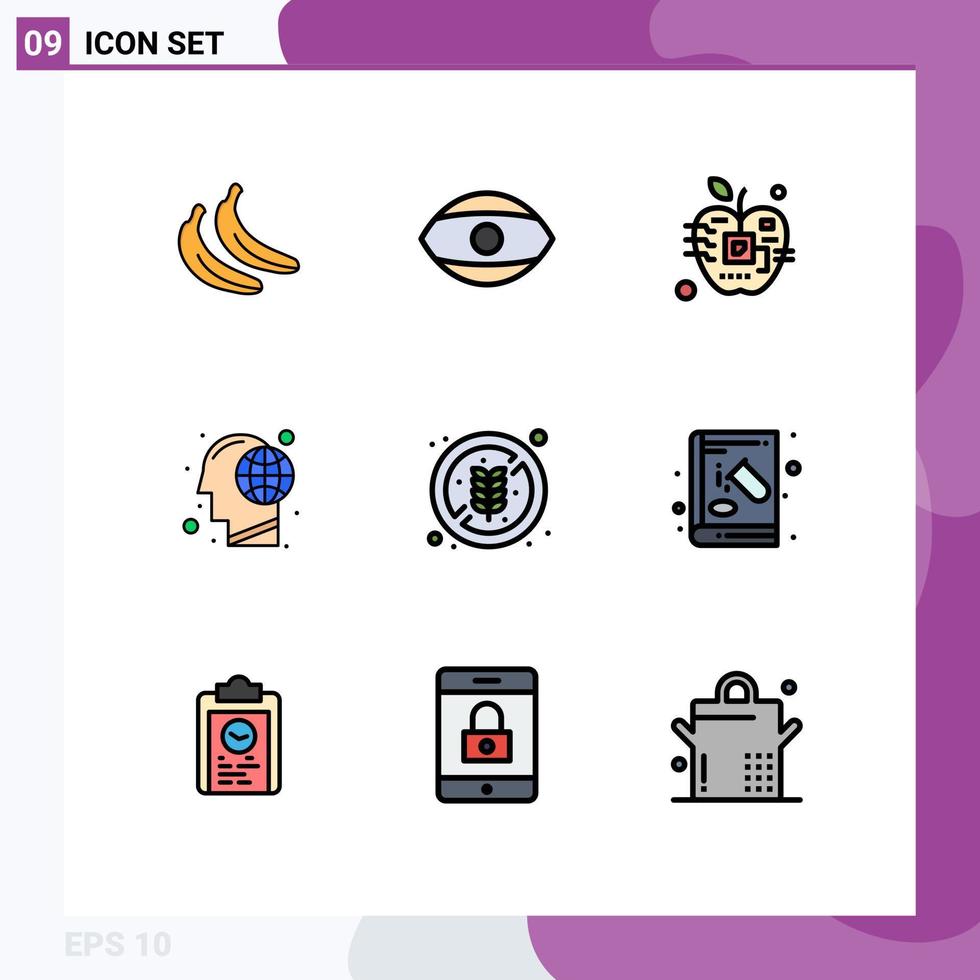 9 User Interface Filledline Flat Color Pack of modern Signs and Symbols of no diet human artificial head earth Editable Vector Design Elements