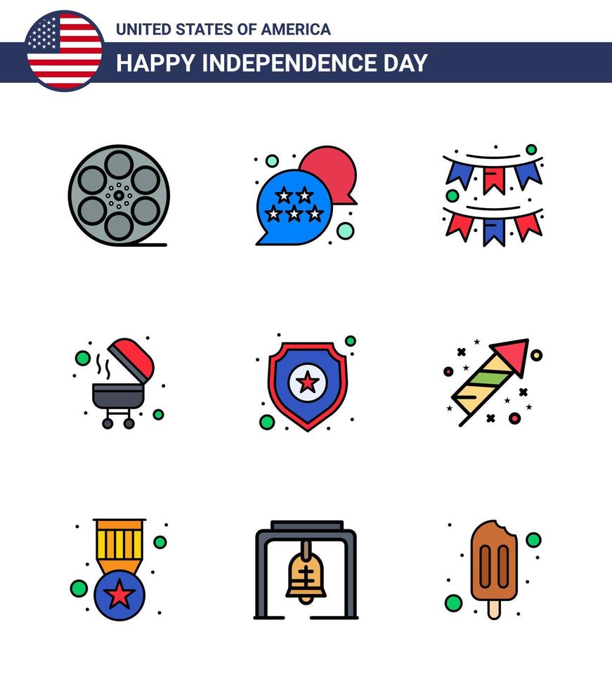 conjunto de 9 iconos del día de los ee.uu. símbolos americanos signos del día de la independencia para la parrilla de la policía guirnalda de barbacoa americana editable elementos de diseño del vector del día de los ee.uu.