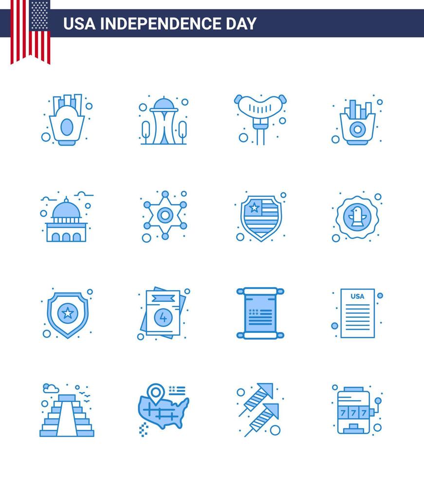 16 USA Blue Signs Independence Day Celebration Symbols of landmark building food chips food Editable USA Day Vector Design Elements
