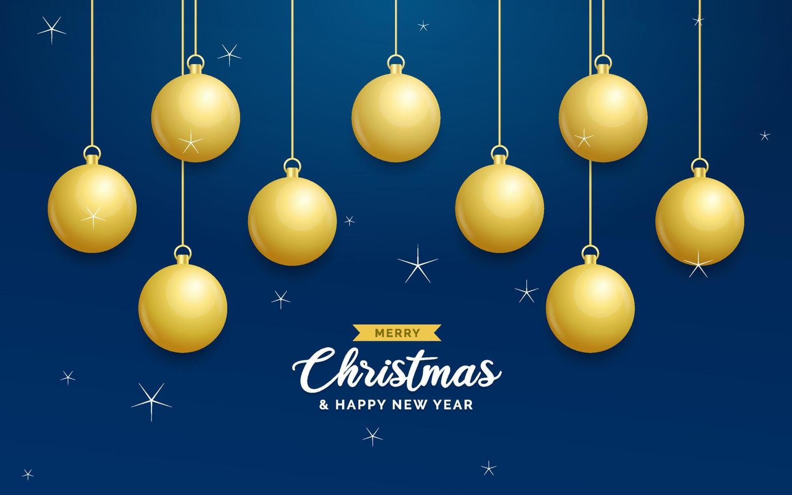 fondo azul de navidad con bolas doradas brillantes colgantes. tarjeta de felicitación de feliz navidad. cartel de vacaciones de navidad y año nuevo. banner web vector