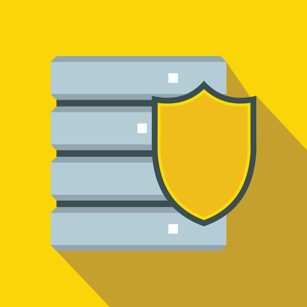 Database with yellow shield icon, flat style vector