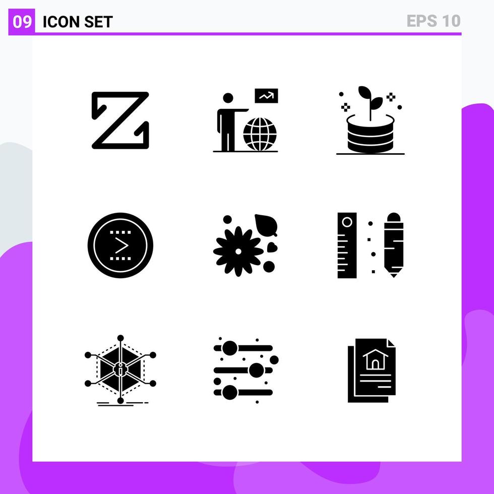 User Interface Pack of 9 Basic Solid Glyphs of flower next go interface arrow Editable Vector Design Elements