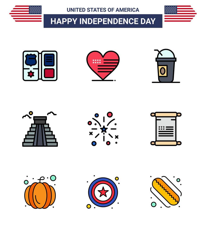 USA Independence Day Flat Filled Line Set of 9 USA Pictograms of fire usa america american building Editable USA Day Vector Design Elements
