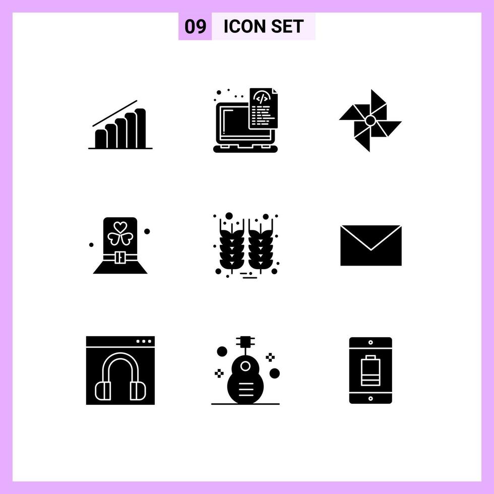 Pack of 9 Modern Solid Glyphs Signs and Symbols for Web Print Media such as bottle hat coding green costume Editable Vector Design Elements