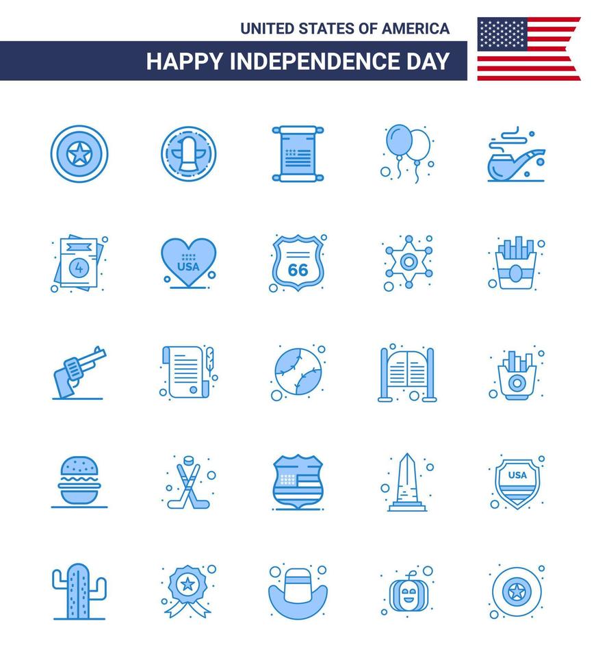 Set of 25 Modern Blues pack on USA Independence Day smoke party scroll day balloons Editable USA Day Vector Design Elements