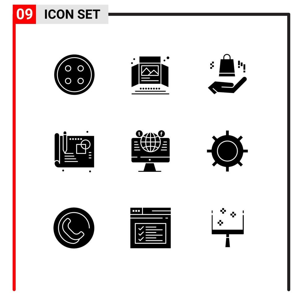 Modern Set of 9 Solid Glyphs and symbols such as globe sketch print ad process shopping bag Editable Vector Design Elements
