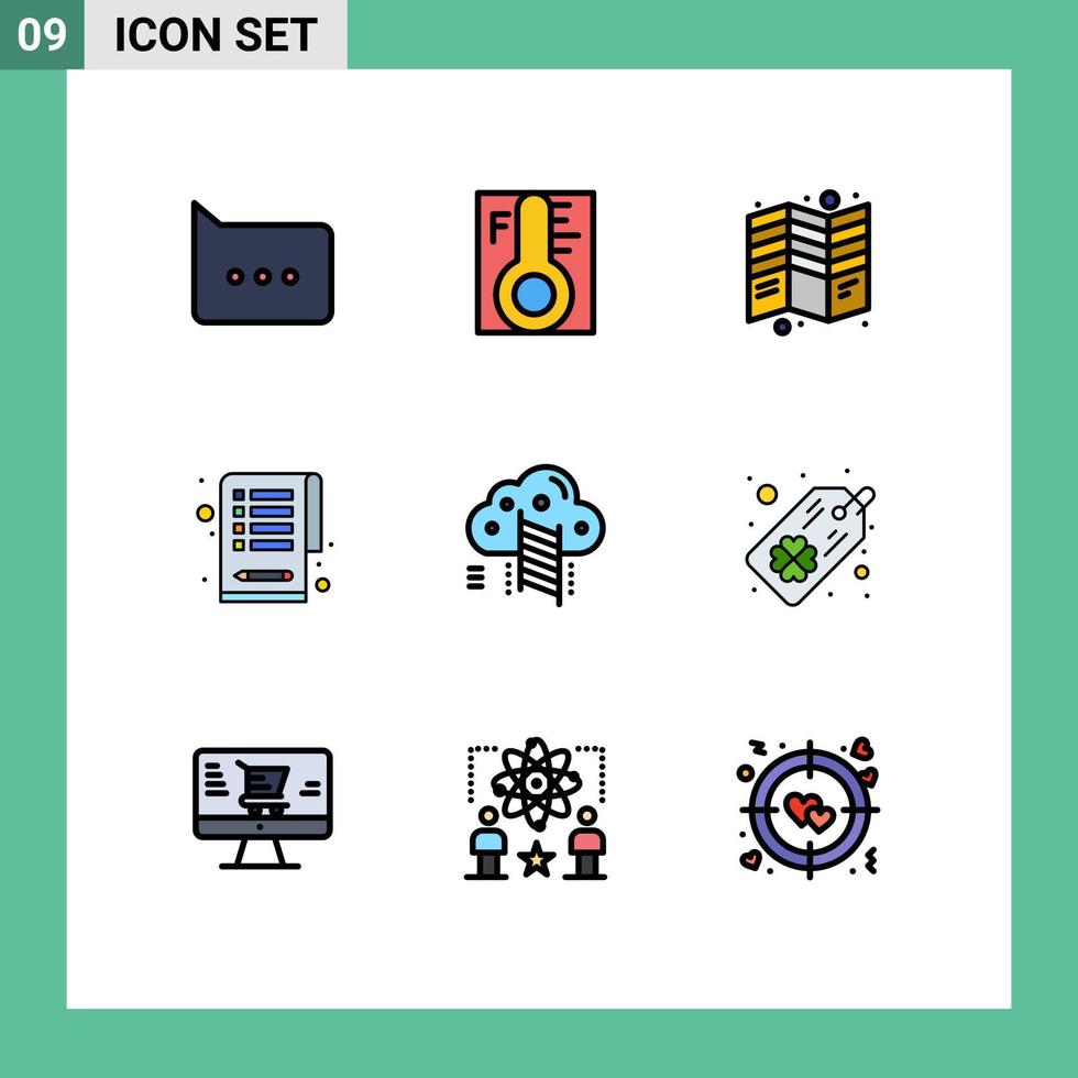 9 Thematic Vector Filledline Flat Colors and Editable Symbols of cloud tasks brochure clipboard tri Editable Vector Design Elements