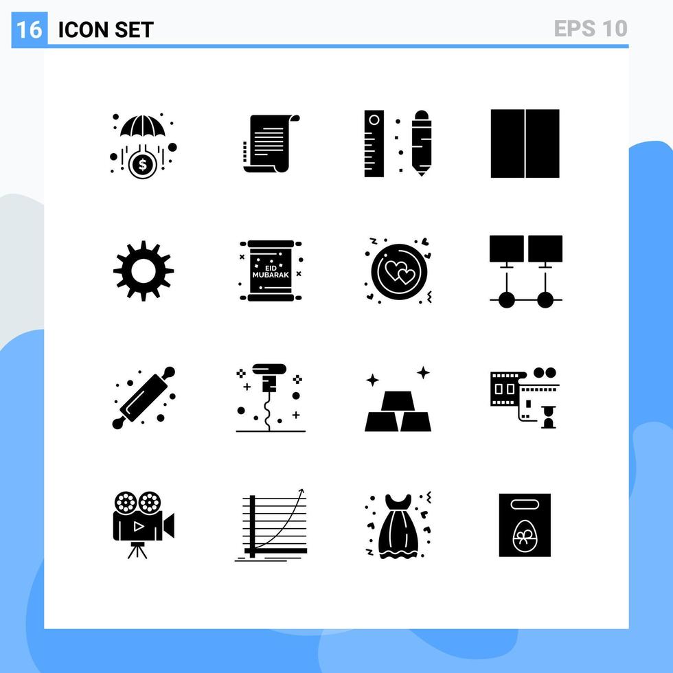Group of 16 Solid Glyphs Signs and Symbols for gear workspace drawing layout grid Editable Vector Design Elements