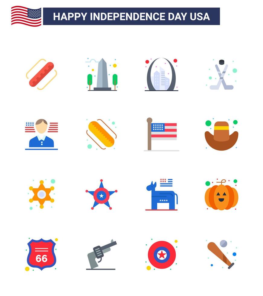 Set of 16 Vector Flats on 4th July USA Independence Day such as sport hokey washington american landmark Editable USA Day Vector Design Elements