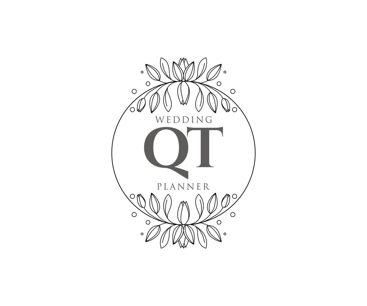 QT Initials letter Wedding monogram logos collection, hand drawn modern minimalistic and floral templates for Invitation cards, Save the Date, elegant identity for restaurant, boutique, cafe in vector