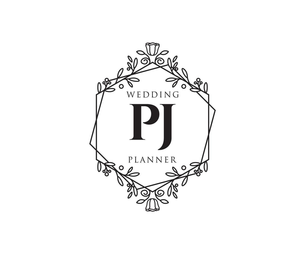 colección de logotipos de monogramas de boda con letras iniciales pj, plantillas florales y minimalistas modernas dibujadas a mano para tarjetas de invitación, guardar la fecha, identidad elegante para restaurante, boutique, café en vector