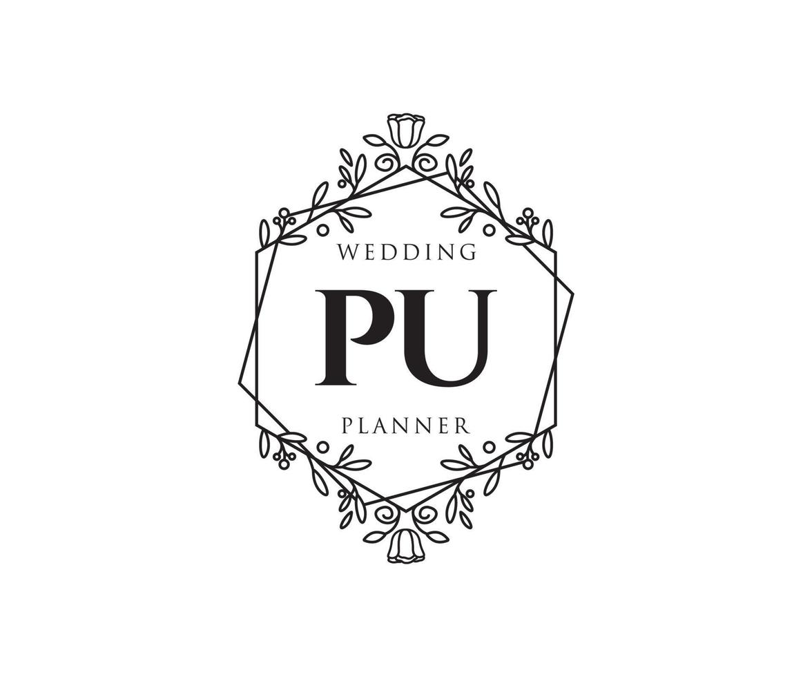 colección de logotipos de monogramas de boda con letras iniciales pu, plantillas florales y minimalistas modernas dibujadas a mano para tarjetas de invitación, guardar la fecha, identidad elegante para restaurante, boutique, café en vector