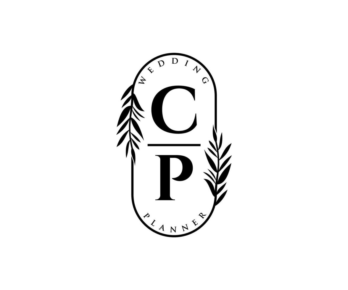 colección de logotipos de monogramas de boda con letras iniciales cp, plantillas florales y minimalistas modernas dibujadas a mano para tarjetas de invitación, guardar la fecha, identidad elegante para restaurante, boutique, café en vector