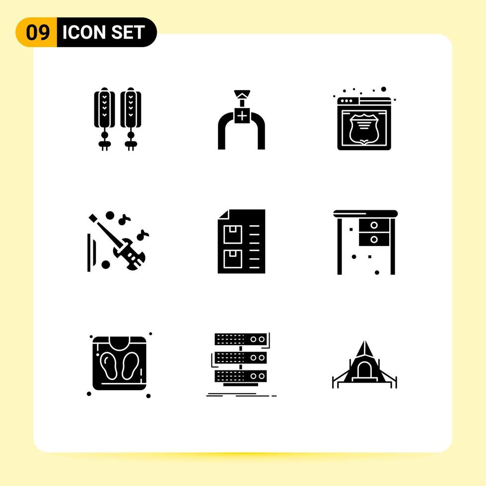 Editable Vector Line Pack of 9 Simple Solid Glyphs of delivery violin hosting music guitar Editable Vector Design Elements