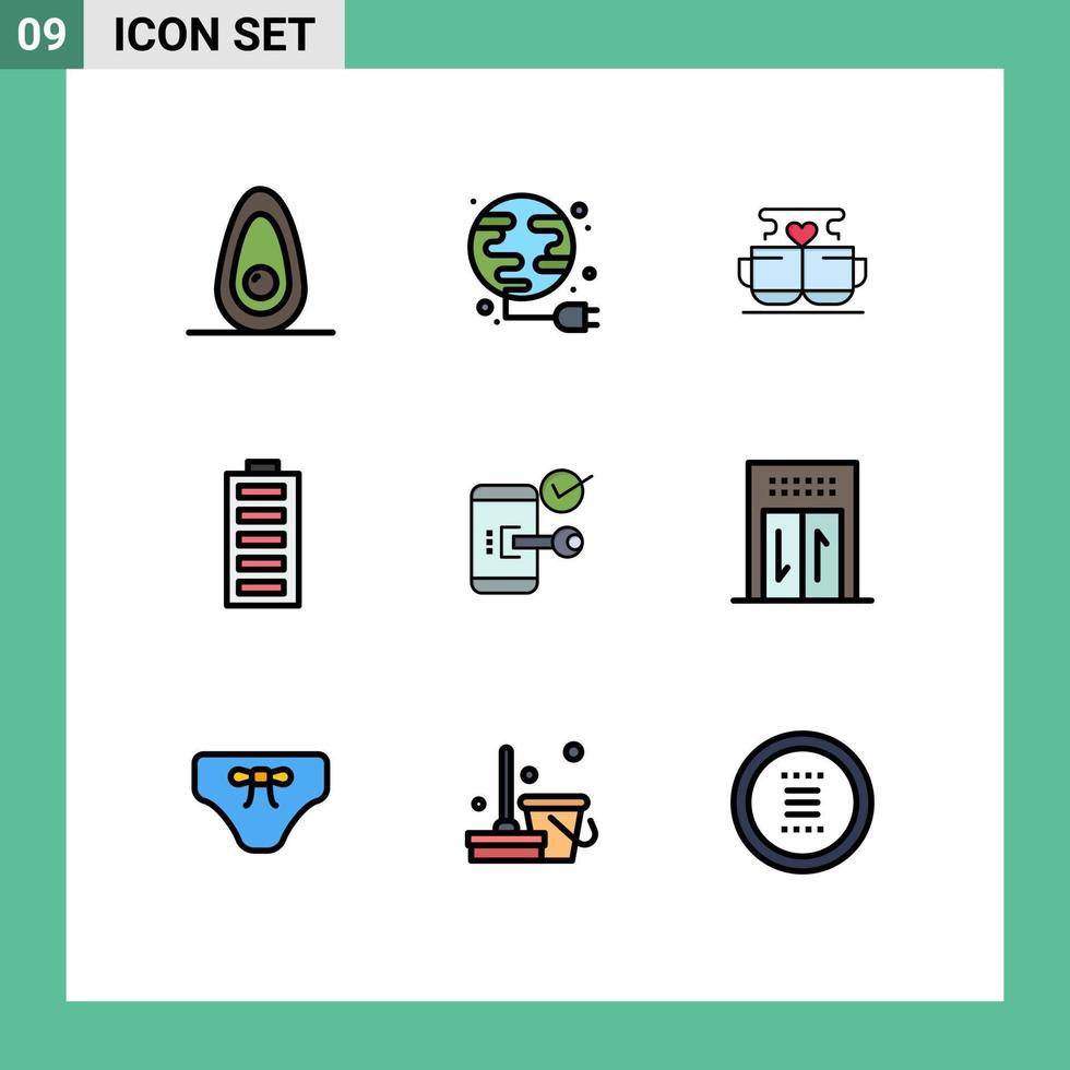 Modern Set of 9 Filledline Flat Colors Pictograph of key energy coffee electricity battery Editable Vector Design Elements